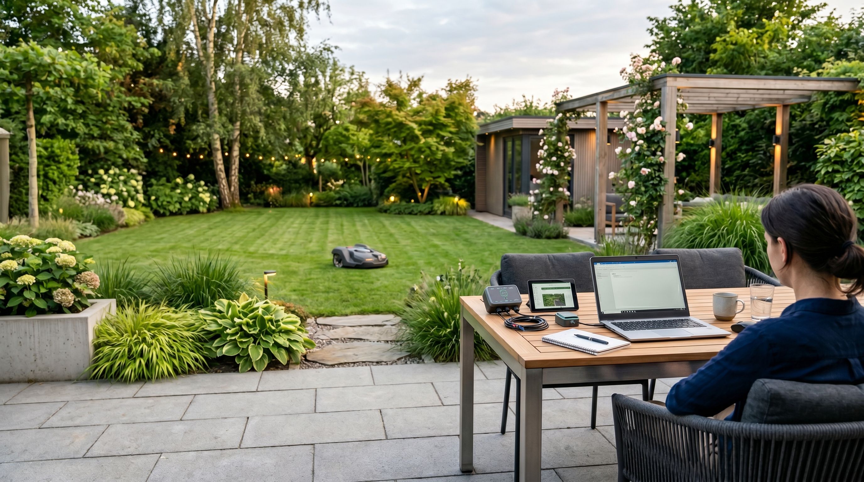 Moderner Garten mit Laptop und Gartentechnik auf einem Terrassentisch