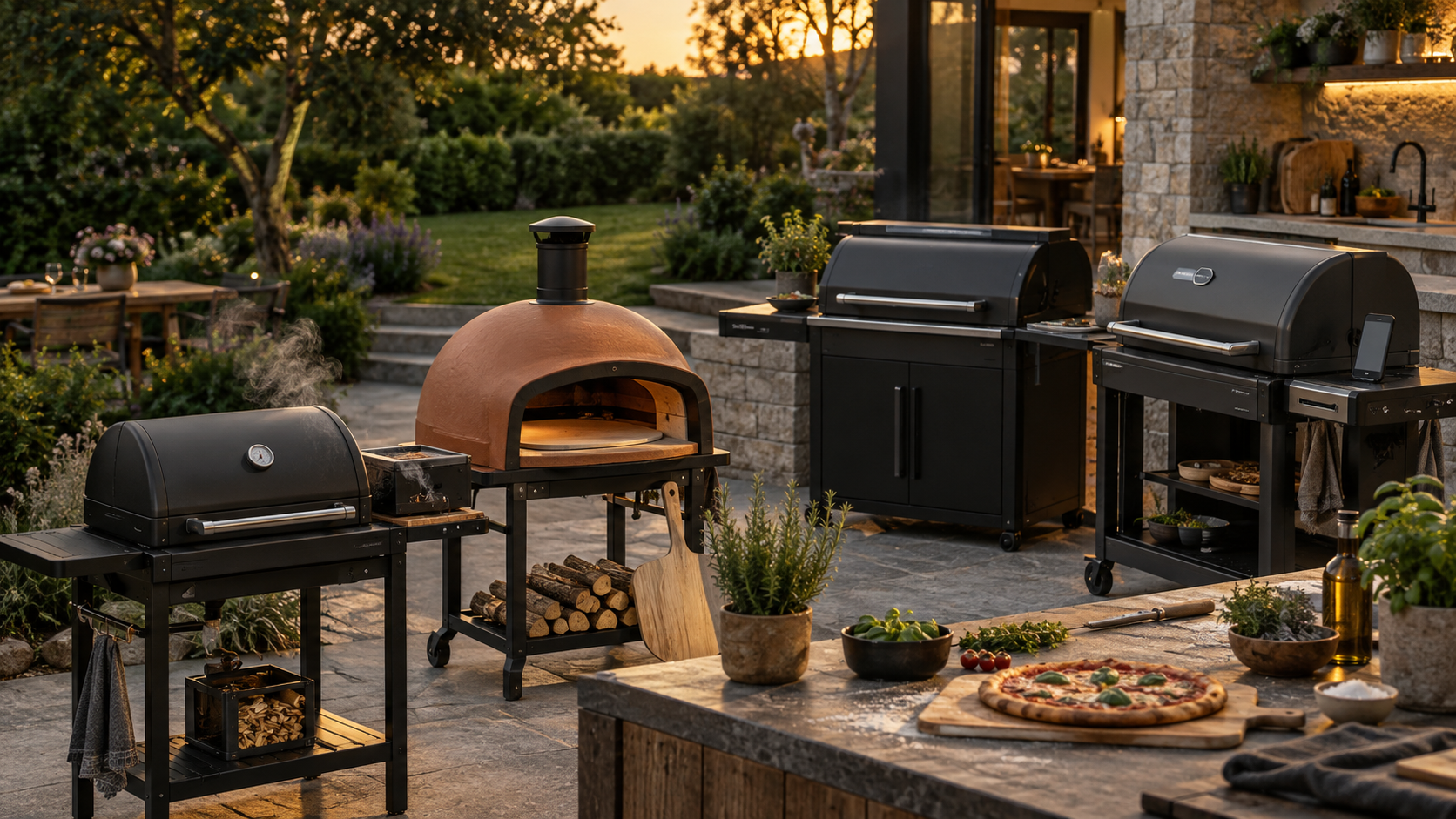 Outdoor-Küche mit Pizzaofen, Grillstation und vorbereiteten Zutaten