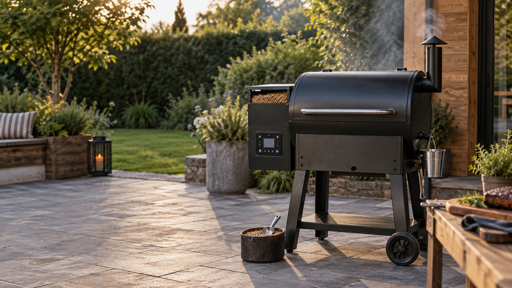 Pelletsmoker mit Pelletbehälter auf einer Gartenterrasse