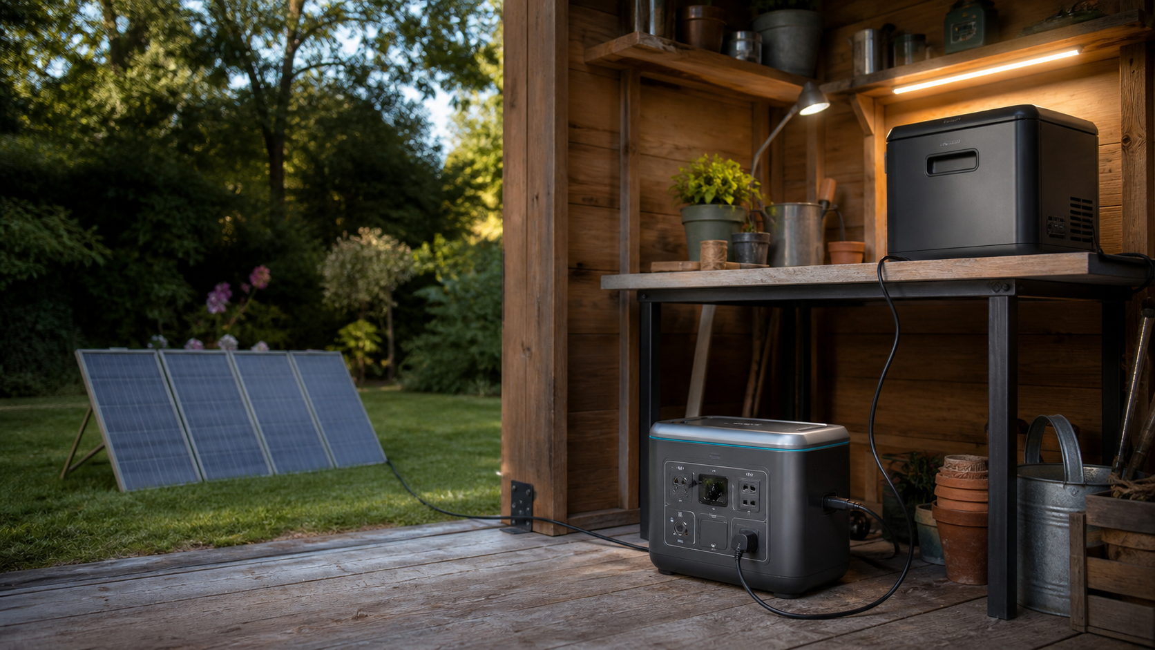 Powerstation mit Solarpanel im netzunabhängigen Gartenhaus